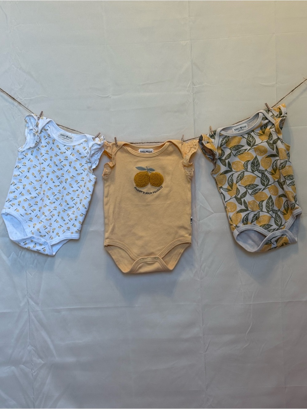 Rabbit + Bear Baby Bodysuit Trio in Yellow and White Lemon Prints